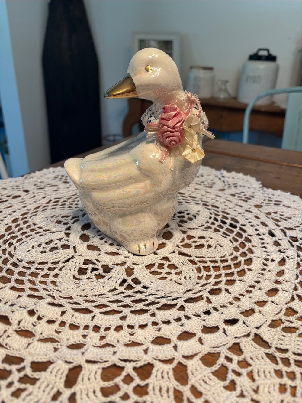 Ceramic White Decorative Duck Figurine with Pink Ribbon Accent
